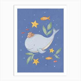 Happy while with fish & star fish with blue background Art Print