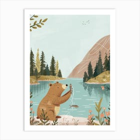 Sloth Bear Catching Fish In A Tranquil Lake Storybook Illustration 1 Art Print