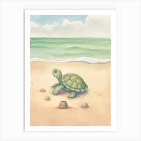 Cute Sea Turtle On The Beach Drawing 0 Art Print