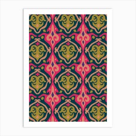 JAVA Boho Ikat Woven Texture Style in Exotic Pink Green Blush Purple on Dark Teal Blue Art Print