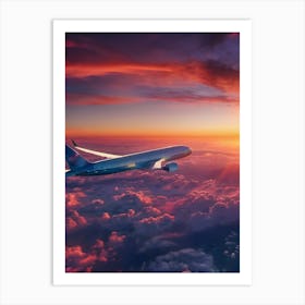 Airplane In The Sky At Sunset - Reimagined Art Print