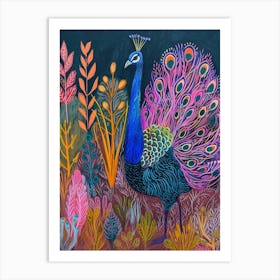 Folky Peacock In The Garden With Patterns 3 Art Print