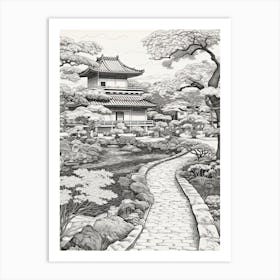 Ritsurin Garden In Kagawa, Ukiyo E Black And White Line Art Drawing 1 Art Print