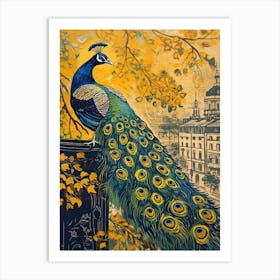 Blue Mustard Peacock & The City Art Print