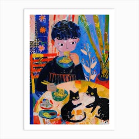 Portrait Of A Boy With Cats Having Ramen 4 Art Print