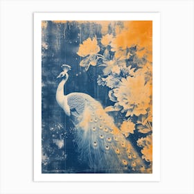White Orange Blue Cyanotype Inspired Peacock 2 Art Print