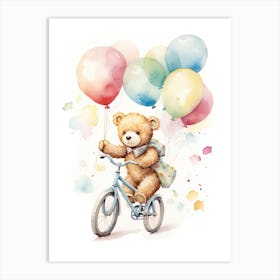 Bicycling Teddy Bear Painting Watercolour 1 Art Print