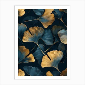 Gold And Blue Ginkgo Leaves Wallpaper Art Print