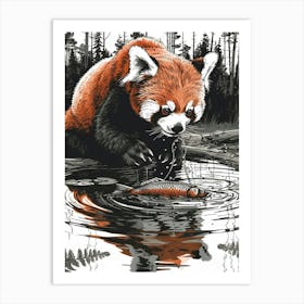 Red Panda Catching Fish In A Tranquil Lake Ink Illustration 2 Art Print
