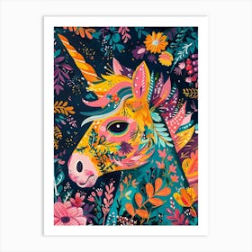 Floral Folky Unicorn Portrait Art Print