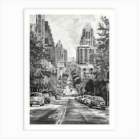 South Congress Avenue Austin Texas Black And White Drawing 1 Art Print