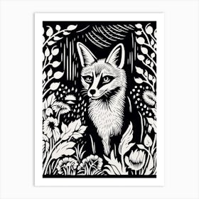 Fox In The Forest Linocut Illustration 17  Art Print