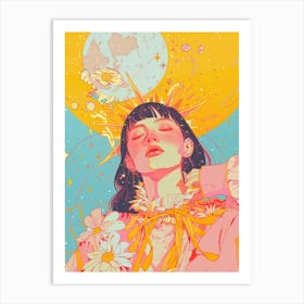 Girl With Flowers moon Art Print