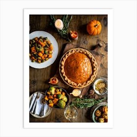 A Thanksgiving Feast Laid Out On A Rustic Wooden Table Is The Centerpiece Of An Epicurean Visual S Art Print