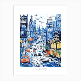 New York Illustration Line Art Travel Blue Art Print