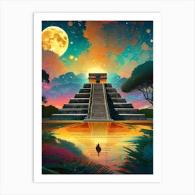 Chichen Itza - Mayan Aztec Pyramid Mexican Temple - Moon Sun Eclipse Fantasy Fractals Psychedelic Chichén Itzá Cityscapes Wall Art Meditation Yoga Room Decor Mandala Art Print