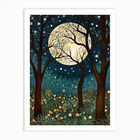 William Morris Style Moonlight In The Woods 1 Art Print