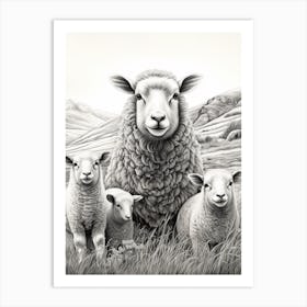 Black & White Illustration Of Highland Sheep With Lamb 3 Art Print