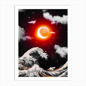 The Great Wave Of Kanagawa And Red Sun Art Print