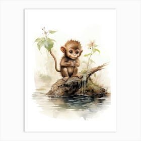 Monkey Painting Doing Calligraphy Watercolour 4 Art Print