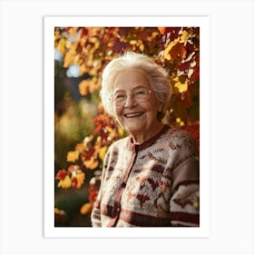 Elderly Woman Smiles Surrounded By A Vibrant Array Of Fall Foliage Golden And Crimson Leaves Frame (1) Art Print