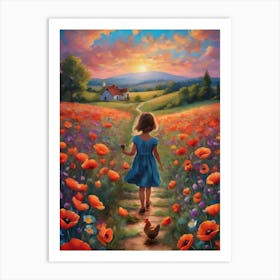 The Poppy Fields ~ Little Girl and Her Chicken Stroll Home at Sunset Art Print