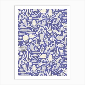 Underwater Mermaids and Sea Life Block Print White on Periwinkle Purple Kids Art Print