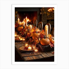 Autumn Table Decoration Cascading Leaves Of Warm Hues Rest Atop Smooth Pumpkins With Textured Exter (1) Art Print