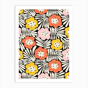 Climbing Flowers Retro Abstract Floral - Pink, Orange, Yellow, Black White Art Print