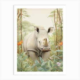 Rhino Under The Tree Vintage Illustration 4 Art Print
