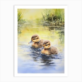 Ducklings In Lake Watercolour 4 Art Print