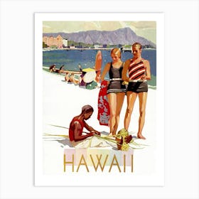 Hawaii, Couple On A Stroll And A Local Craftsmen Art Print