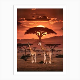 Sunset Giraffes Art Print