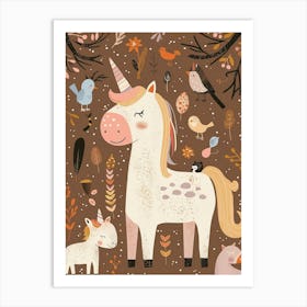 Unicorn In The Meadow With Abstract Woodland Animal Friends Muted Pastel 3 Art Print