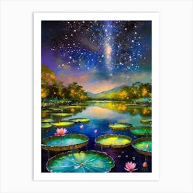 A Serene Lotus Pond Reflecting The Stars At Night Art Print