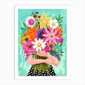 Woman Holding a Colorful Bouquet of Flowers Illustration Art Print