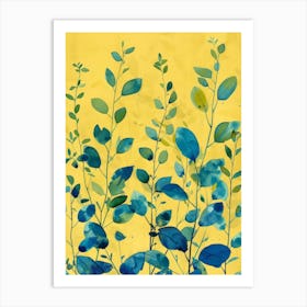 Blue Leaves On Yellow Background Art Print