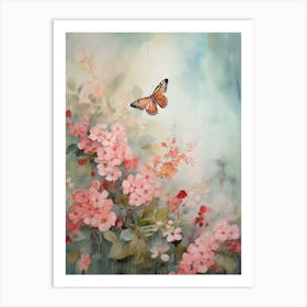 Butterfly In Pink Flowers Art Print