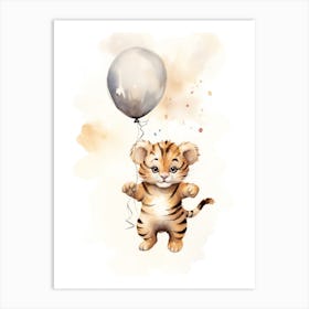 Baby Tiger Flying With Ballons, Watercolour Nursery Art 3 Art Print