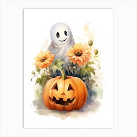 Cute Ghost With Pumpkins Halloween Watercolour 159 Art Print