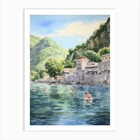 Swimming In Kotor Montenegro Watercolour Art Print