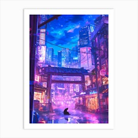 Lonely Cat in the Cyber City Art Print