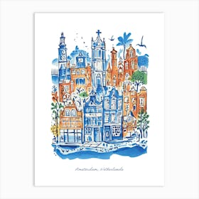 Amsterdam Illustration Line Art Netherlands Travel Blue Art Print