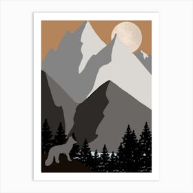 Mountain Wolf Trees Nature Moon Landscape Peaks Hills Black Grey Art Print
