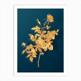 Vintage Alpine Rose Botanical in Gold on Teal Blue n.0203 Art Print