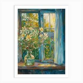 Cosmos Flowers On A Cottage Window 2 Art Print