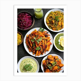 Assorted Indian Dishes Showcasing Freshness And Health Including A Vibrant Salad Of Julienned Carro (1) Art Print