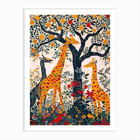 Cute Giraffe Herd Under The Trees Illustration 5 Art Print