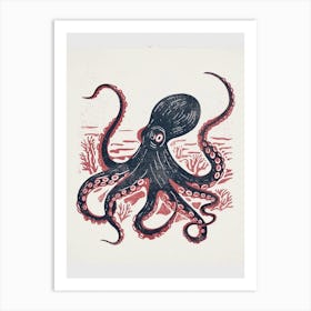 Blue & Navy Linocut Inspired Octopus With Seaweed Art Print