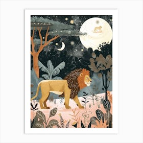 African Lion Night Hunt Illustration 1 Art Print